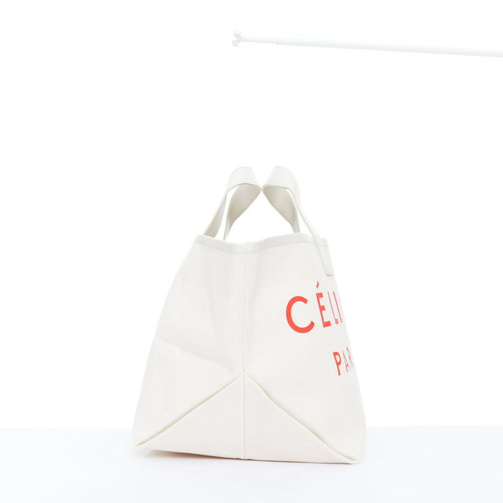 CELINE 2018 Made In white canvas cream leather trim small red logo open tote bag