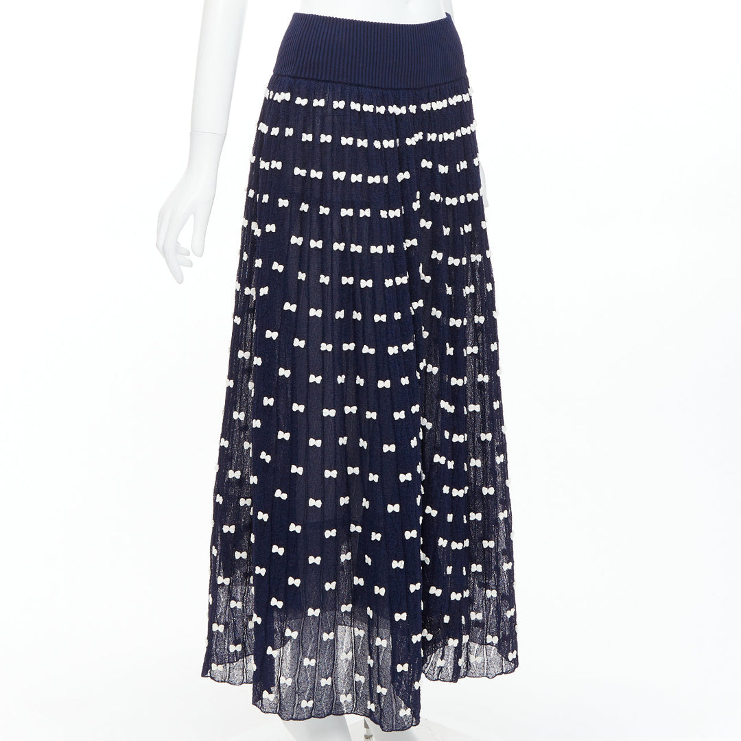 CHANEL 14P Runway navy cream bow applique ribbed waist tulle lined skirt FR36 S
