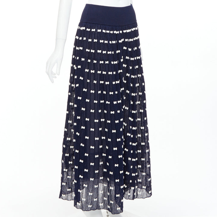 CHANEL 14P Runway navy cream bow applique ribbed waist tulle lined skirt FR36 S