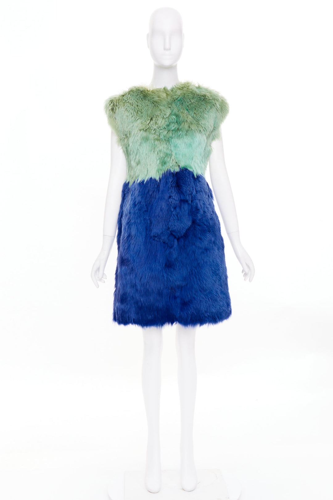 DOLCE GABBANA 2014 Runway colorblock green navy blue alpaca fur dress IT40 S