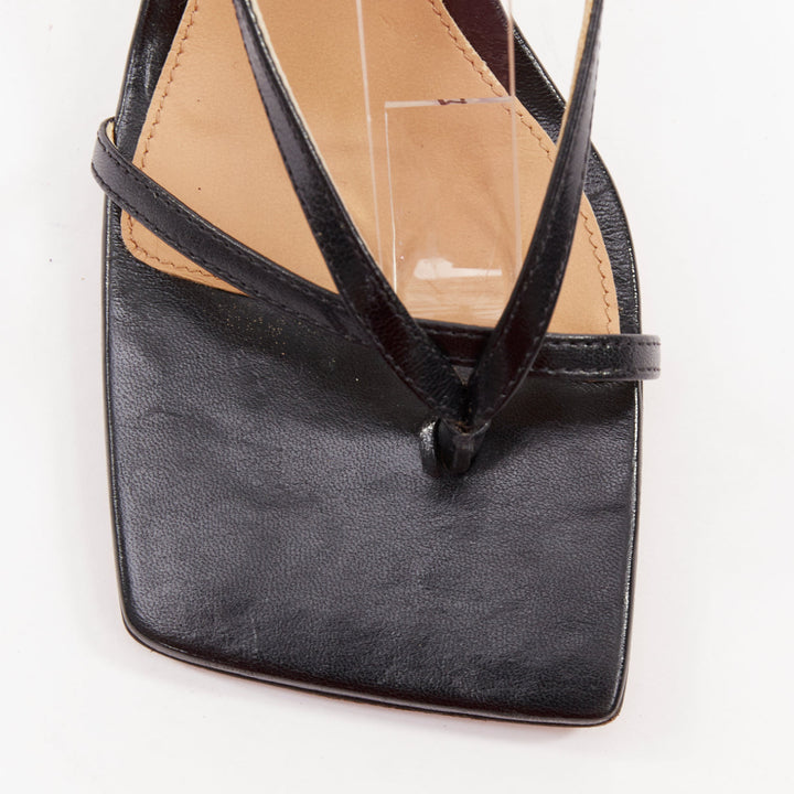 BOTTEGA VENETA Stretch black thong ankle strap square toe heel sandals EU35.5
