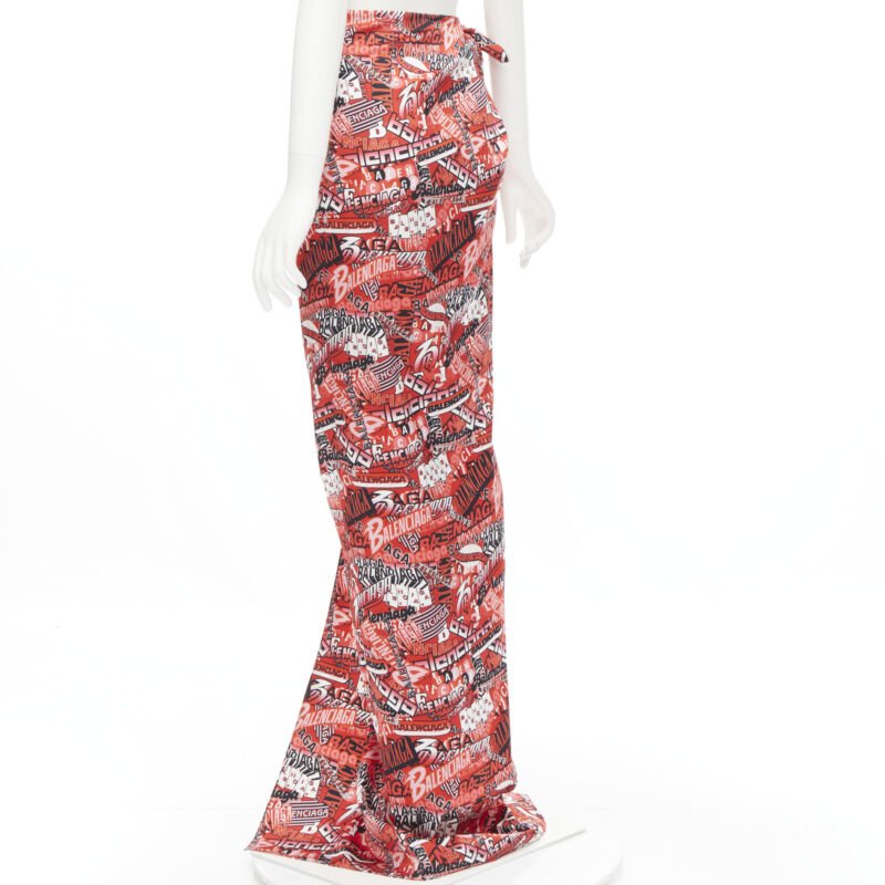 BALENCIAGA Demna 2019 Runway red logo print wrap tie maxi skirt FR38 M