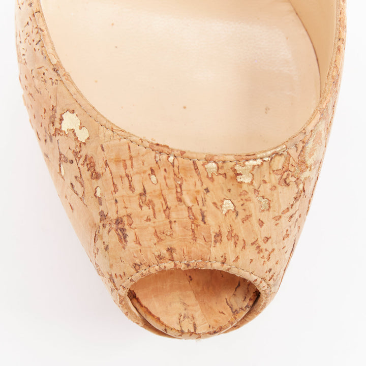 CHRISTIAN LOUBOUTIN Highness 160 brown gold cork peep toe platform heels EU36.5