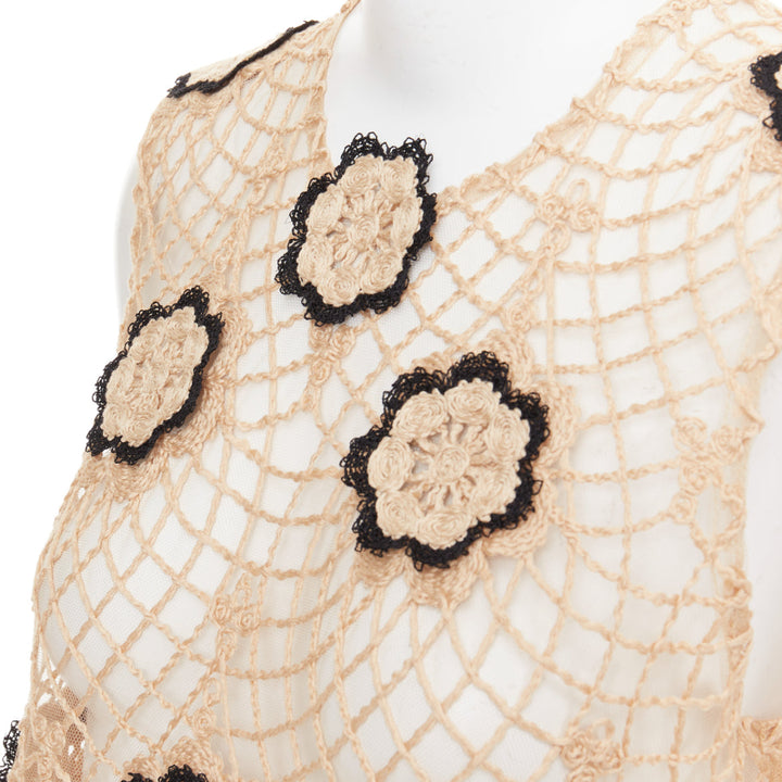 BEAUFILLE Zelle beige black braided jute black floral applique macrame dress L