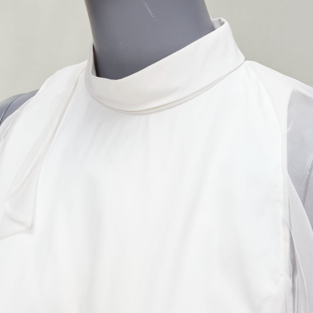 GIVENCHY white silky sheer ruffles front hi neck collar sleeveless shirt