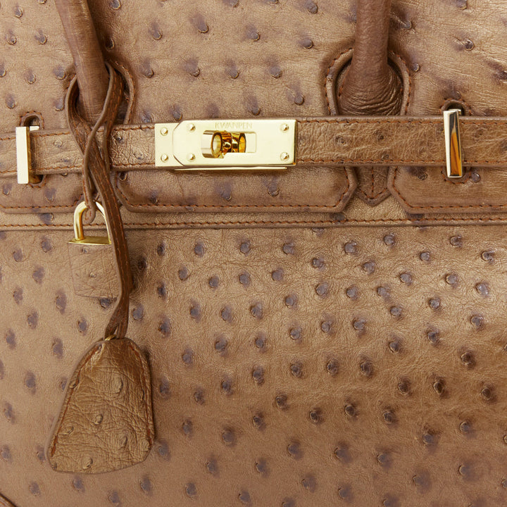 KWANPEN brown ostrich leather gold hardware top handle structured executive bag