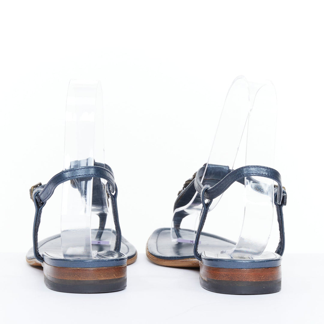 MANOLO BLAHNIK Vintage blue metallic jewel embellished tstrap sandals EU37.5