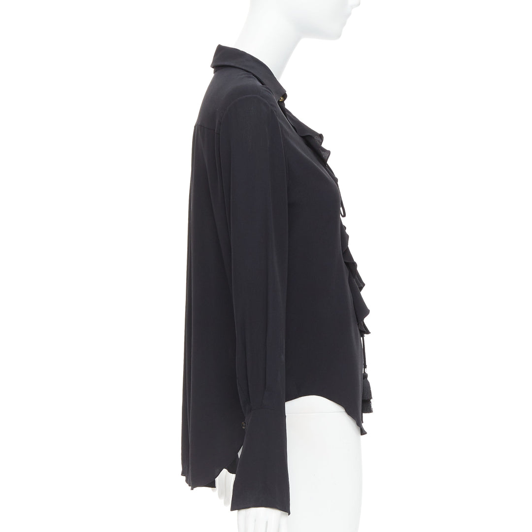 CHLOE 100% silk black ruffle trim lace up bohemian blouse shirt FR36 S