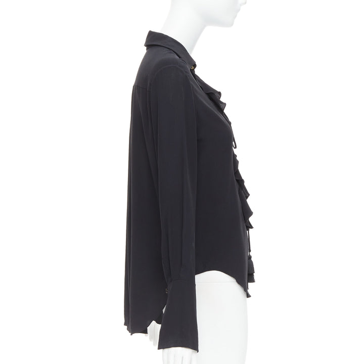 CHLOE 100% silk black ruffle trim lace up bohemian blouse shirt FR36 S