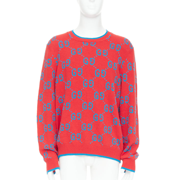 GUCCI red blue cotton blend GG monogram intarsia sweater XL