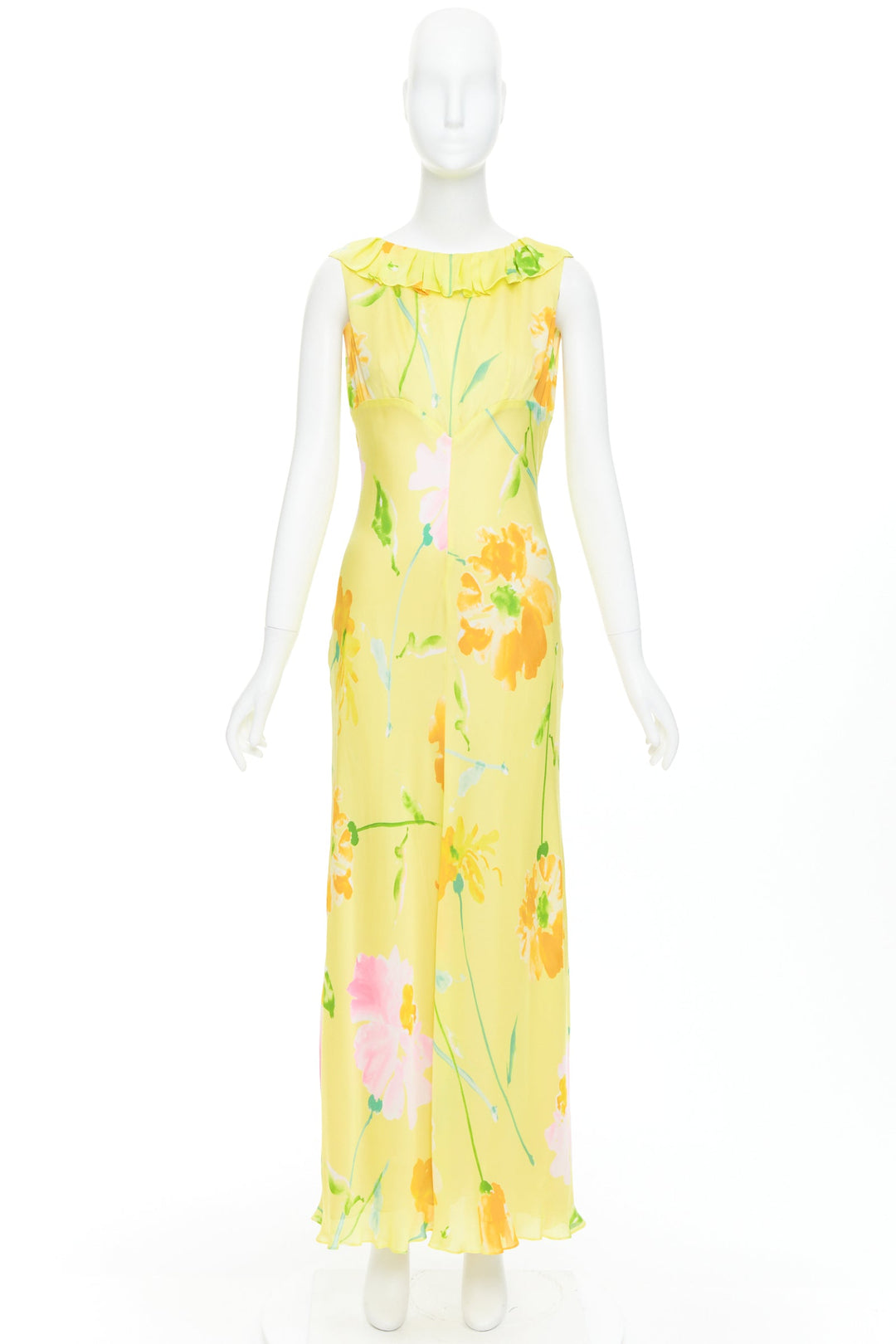rare DONNA KARAN Vintage yellow floral print ruffle collar maxi dress