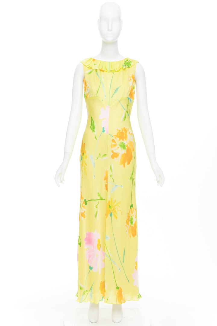 rare DONNA KARAN Vintage yellow floral print ruffle collar maxi dress