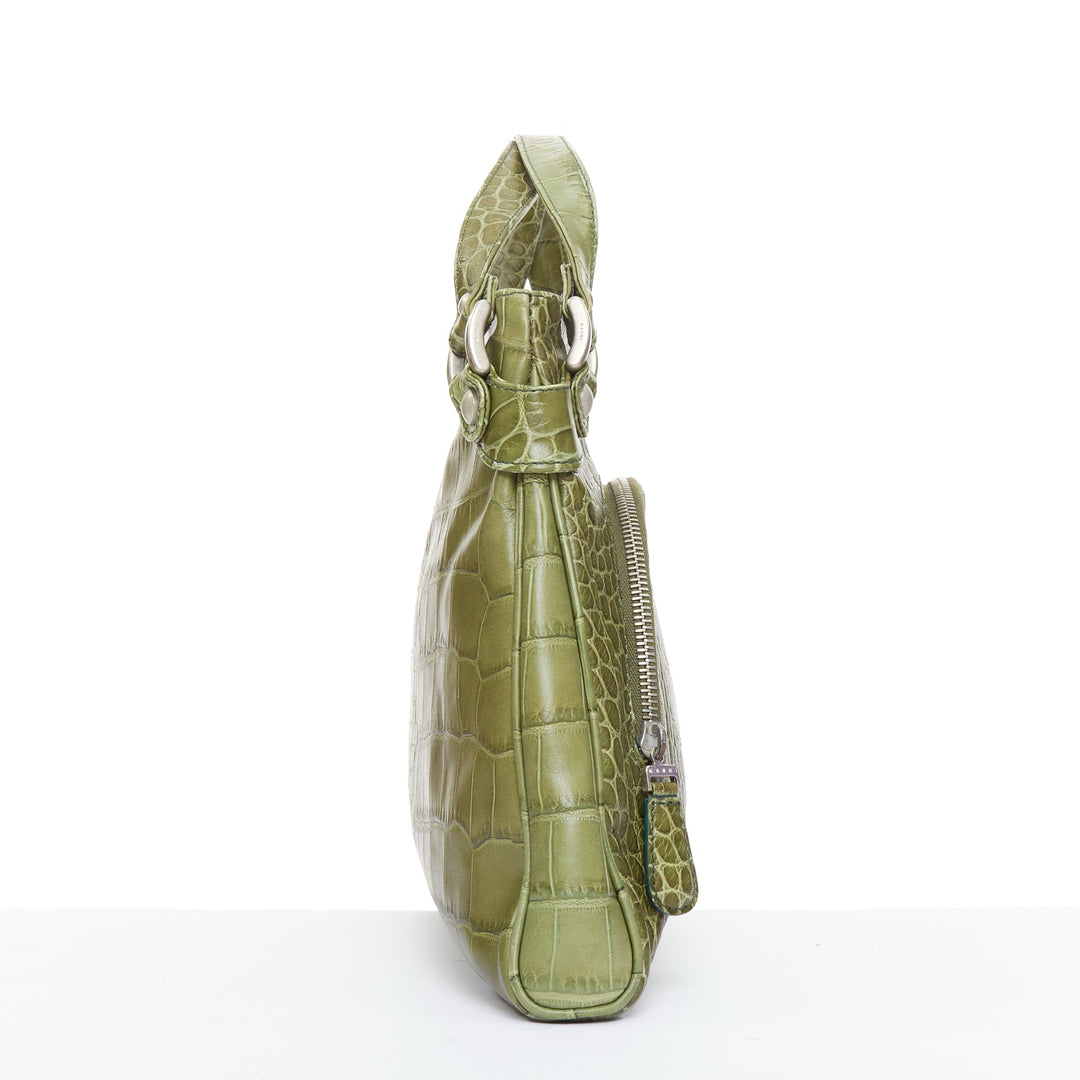 MARNI olive green croc embossed leather front zip pocket satchel bag