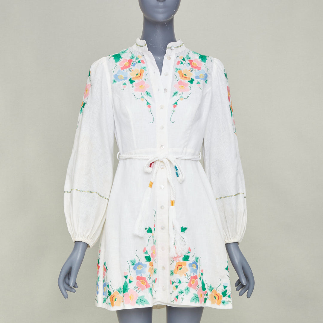ZIMMERMANN 2021 Fiesta Applique multicolour floral white linen mini dress Sz1 S