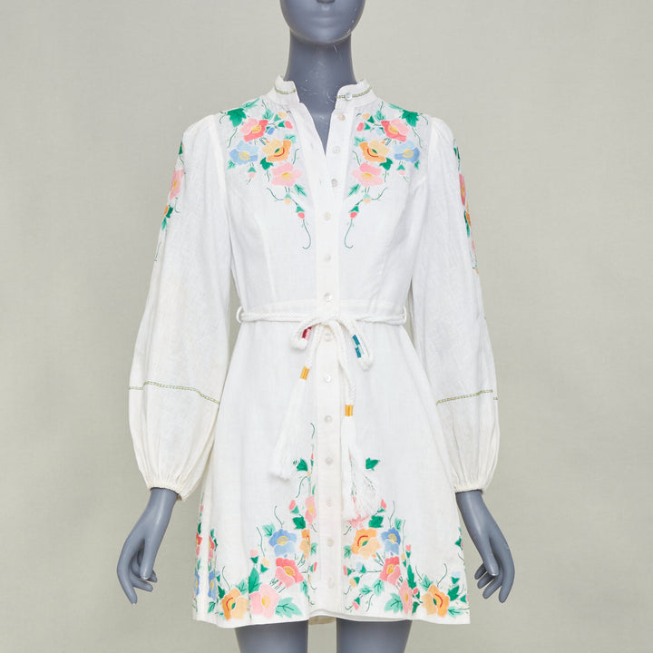 ZIMMERMANN 2021 Fiesta Applique multicolour floral white linen mini dress Sz1 S