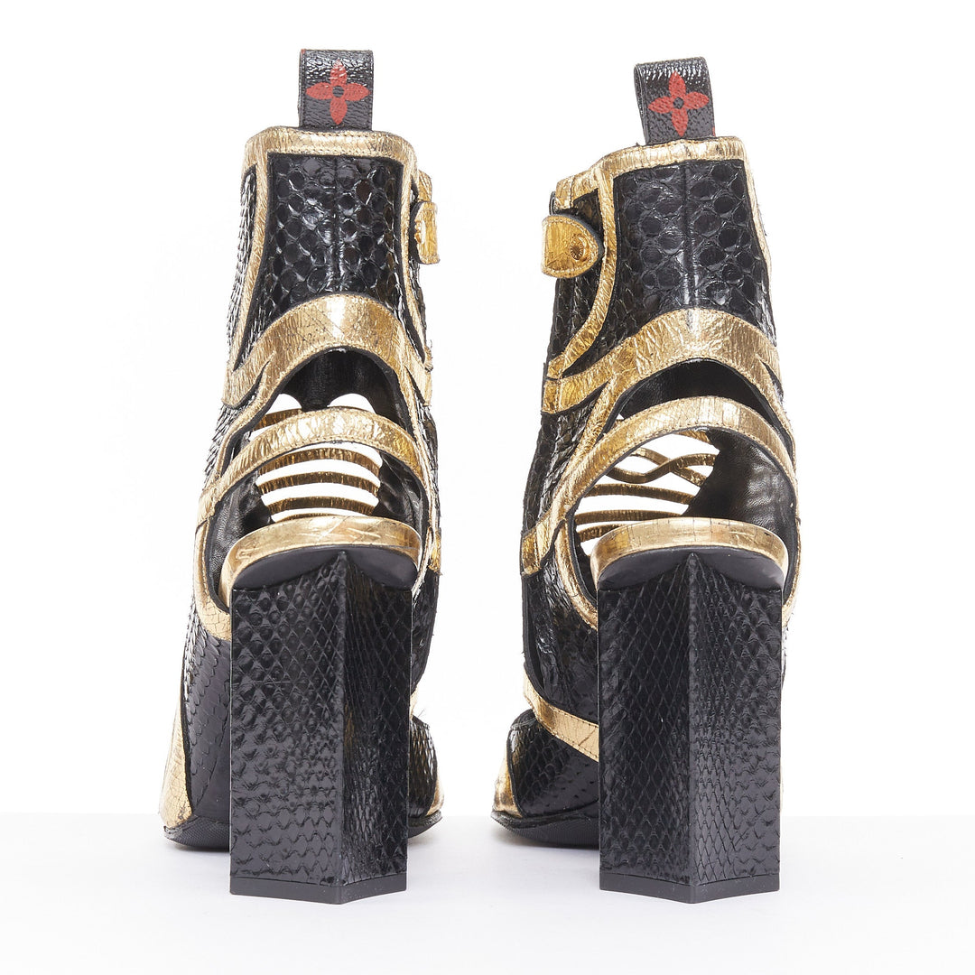 LOUIS VUITTON 2015 Runway Glam Rock python metallic cutout block sandals EU36.5