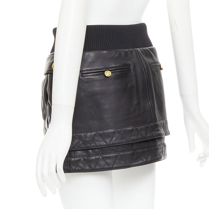 rare BALMAIN black lambskin leather gold B logo button bomber mini skirt FR34 XS