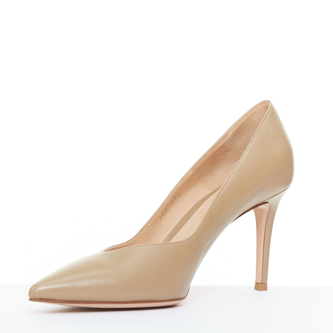 GIANVITO ROSSI dark beige leather V vamp point toe pumps EU37.5