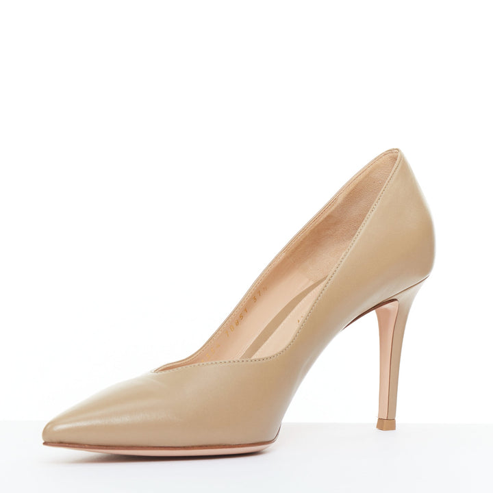 GIANVITO ROSSI dark beige leather V vamp point toe pumps EU37.5