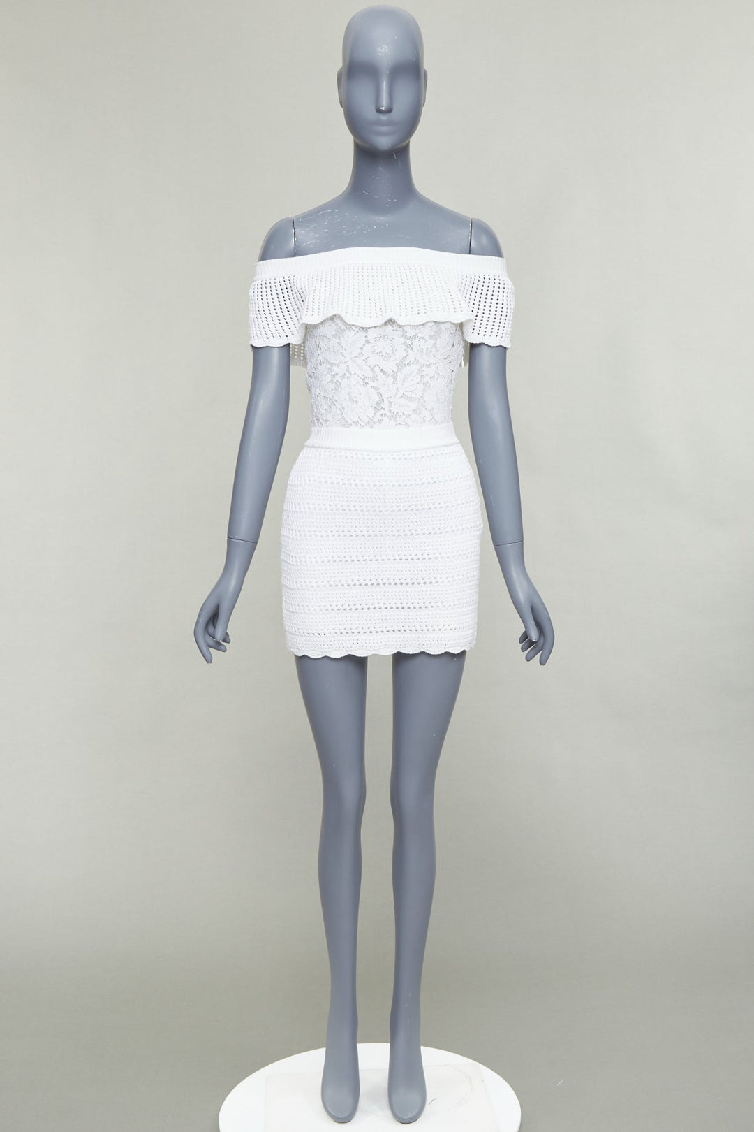 VALENTINO white cotton multi knit lace off shoulder silk lined playsuit XS