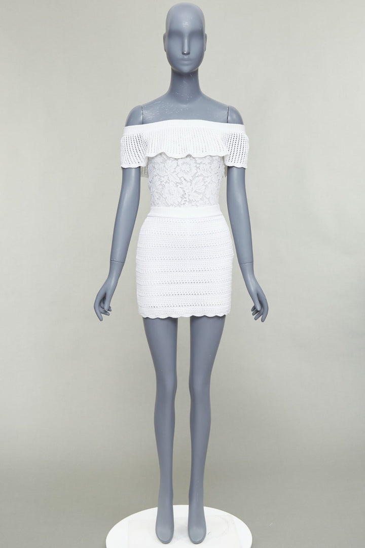 VALENTINO white cotton multi knit lace off shoulder silk lined playsuit XS