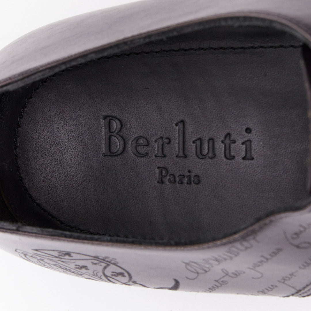BERLUTI Alessandro grey calf leather Scritto calligraphy loafer shoes UK8 EU41