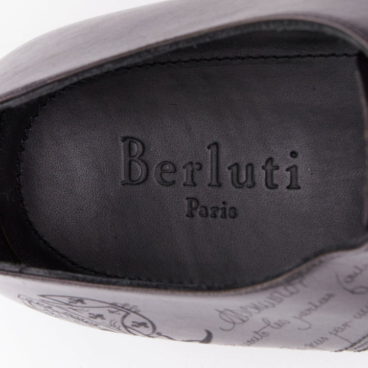BERLUTI Alessandro grey calf leather Scritto calligraphy loafer shoes UK8 EU41
