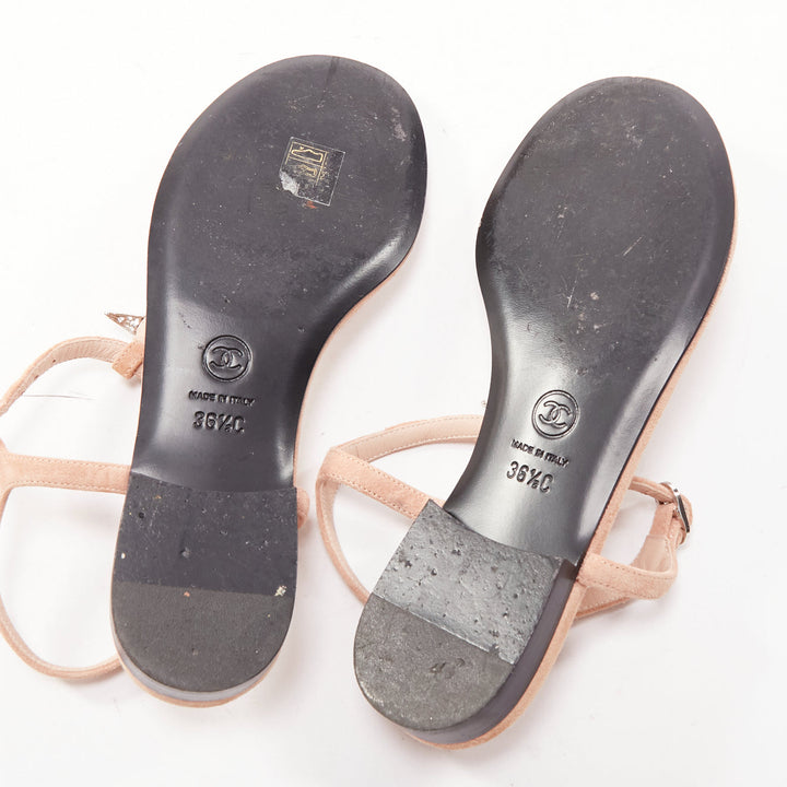CHANEL 2005 Star strass crystal T strap flat nude leather thong sandals EU36.5