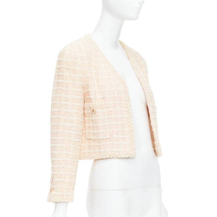 rare CHANEL 94P Vintage pink cotton tweed cropped jacket FR40 L