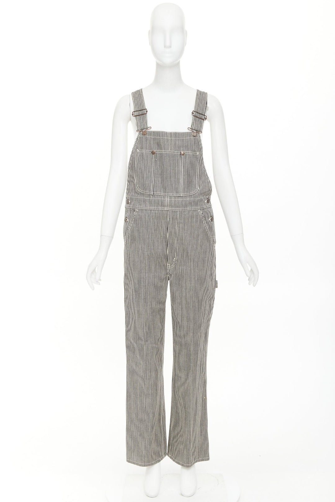 CELINE 2020 Runway Hickory grey striped logo buckles cargo overalls dungaree 28"