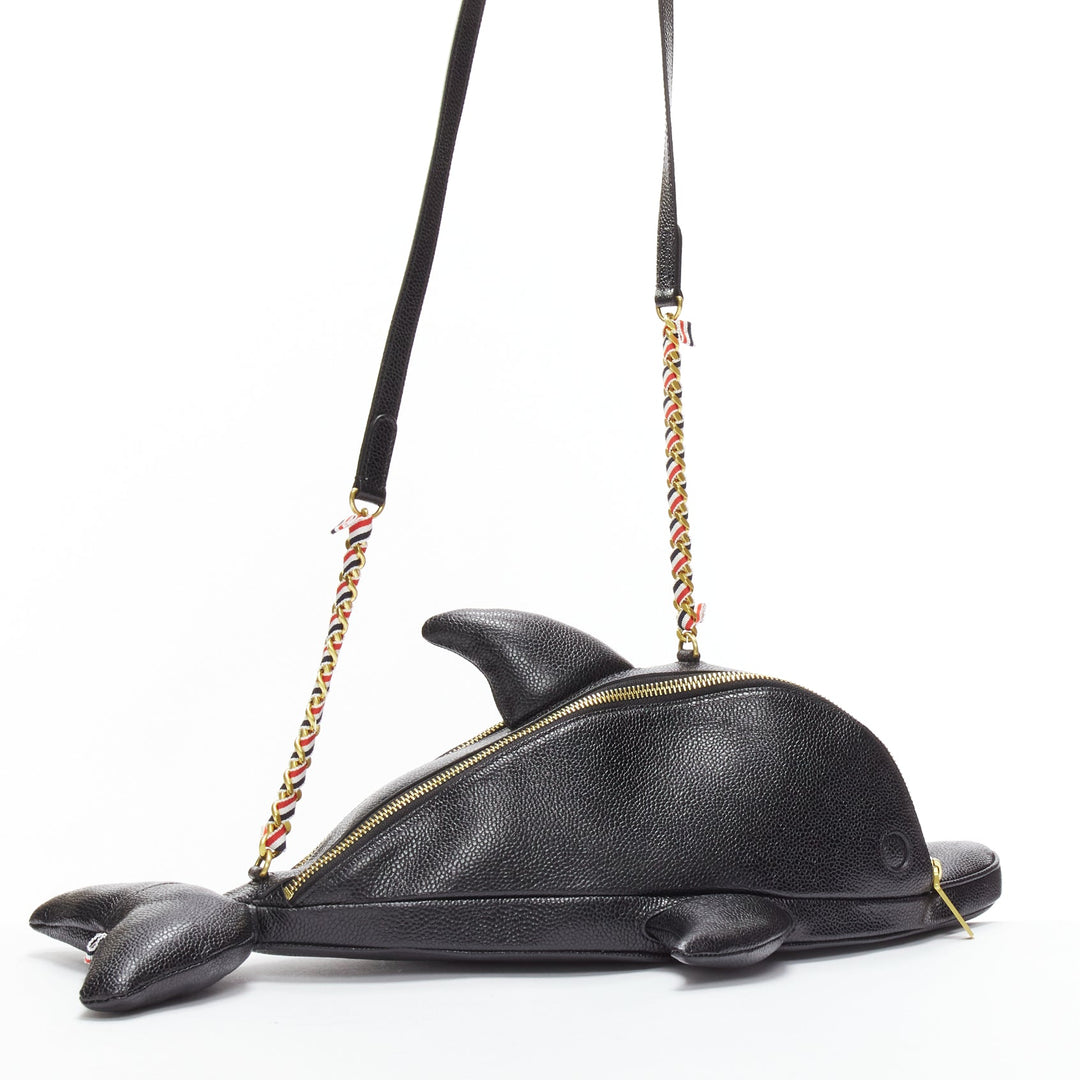 rare THOM BROWNE Mini Dolphin black pebbled leather crossbody bag