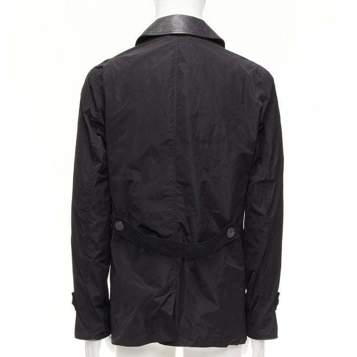 BURBERRY black textured leather trim nylon single breast trench coat IT48 M