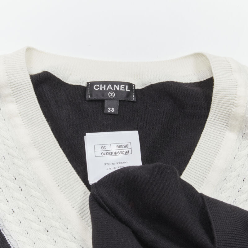 CHANEL 100% wool black white cable knit varsity collar CC charm sweater FR38 M