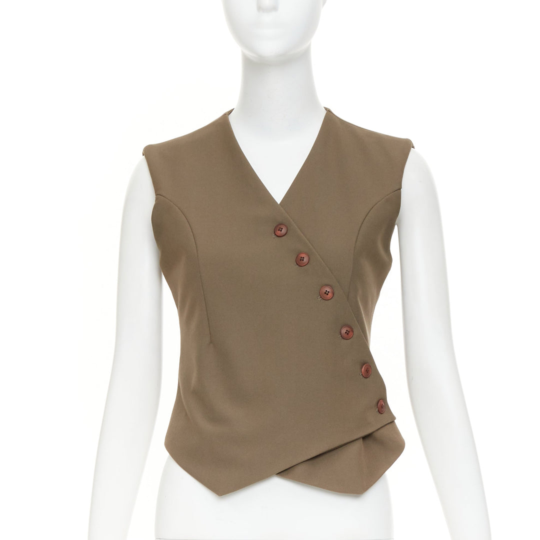 THE FRANKIE SHOP 2023 Maesa brown asymmetric cut crossover button up vest S