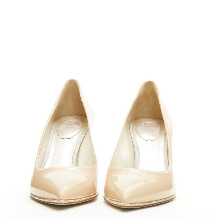 RENE CAOVILLA nude beige patent leather strass toe box pigalle pump EU37.5