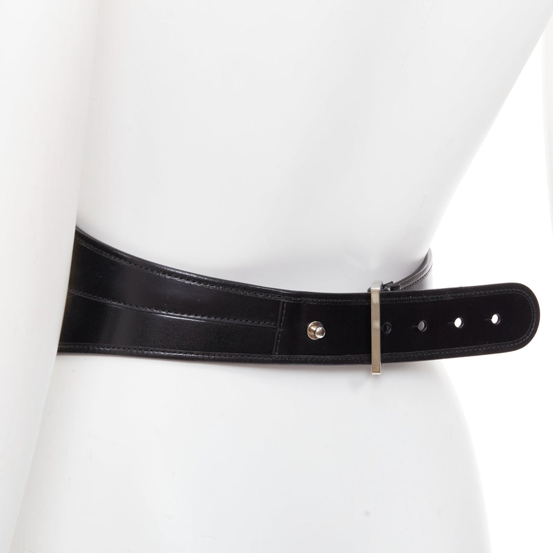 ALEXANDER MCQUEEN black polished leather hard overstitched corset waist belt 26"
