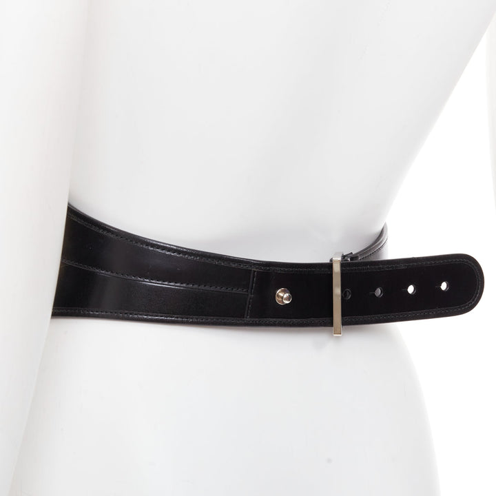 ALEXANDER MCQUEEN black polished leather hard overstitched corset waist belt 26"