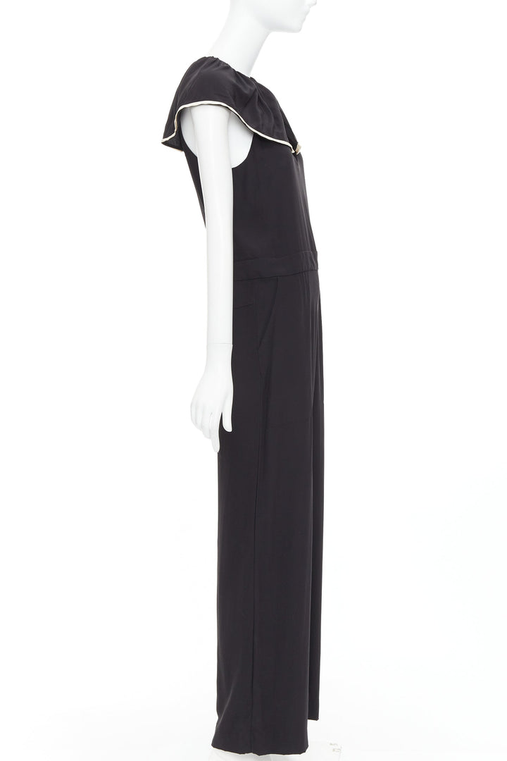 CHLOE black 100% silk crepe de chine ruffle collar jumpsuit FR36 S