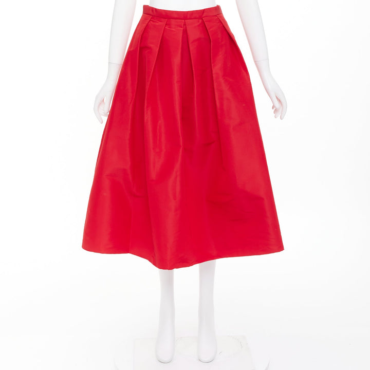 TIBI red 100% silk taffeta pleated high waist A-line flared midi skirt US 2 S