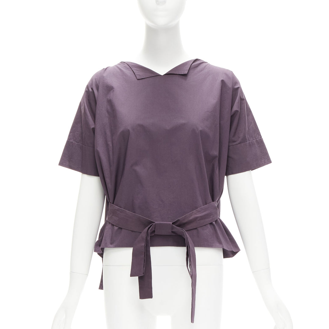 MARNI 100% cotton purple V collar bow belt boxy top IT38 XS