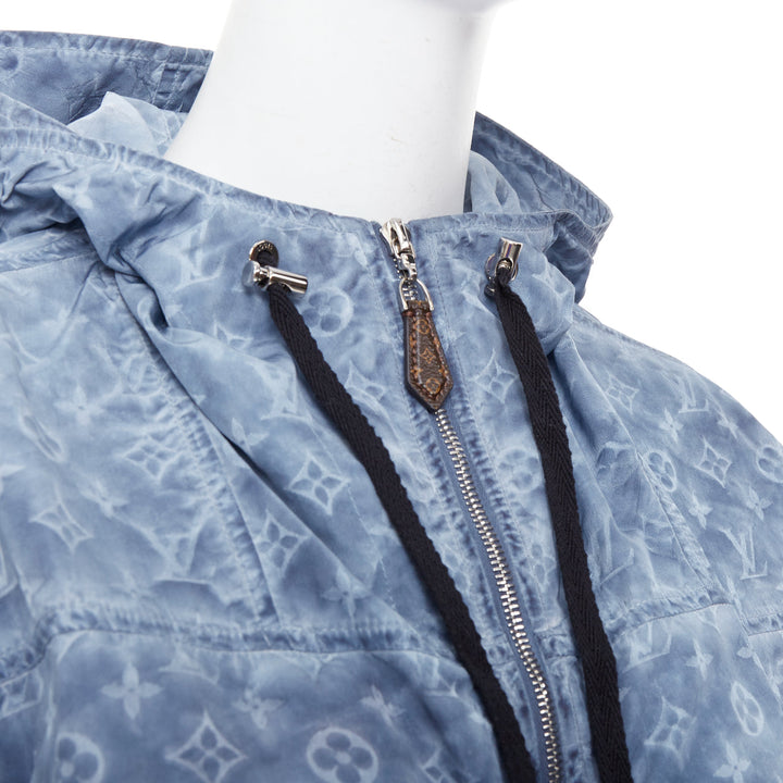 LOUIS VUITTON blue washed monogram print hooded zip anorak jacket FR38 M