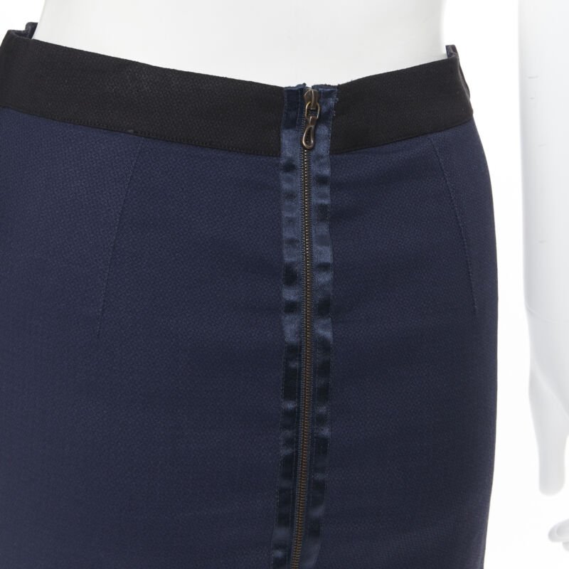 LANVIN ALBER ELBAZ 2014 navy blue linen blend exposed zip pencil skirt FR34 26"