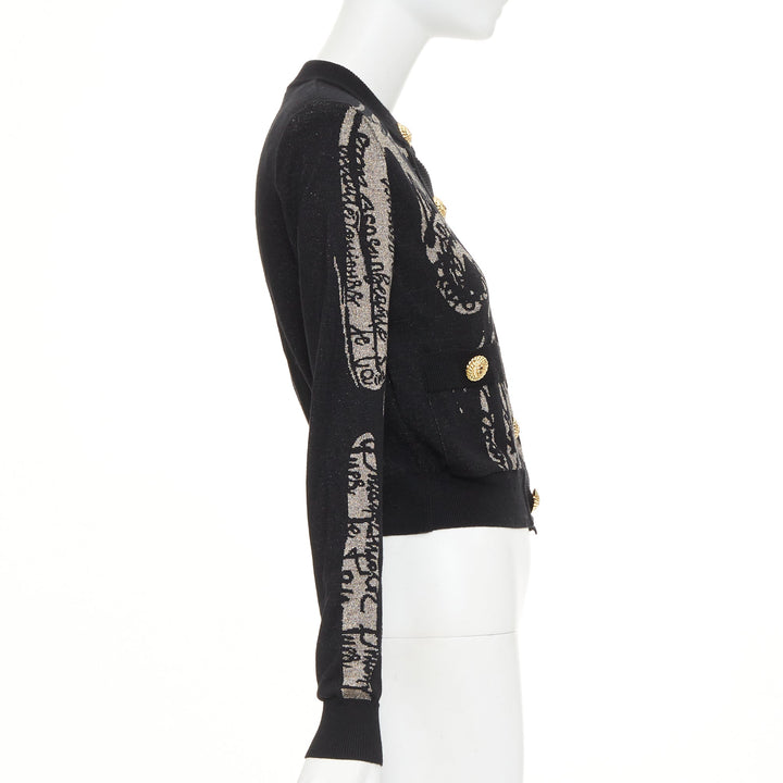 BALMAIN black bronze wool blend metallic scribble jacquard cardigan FR34 XS