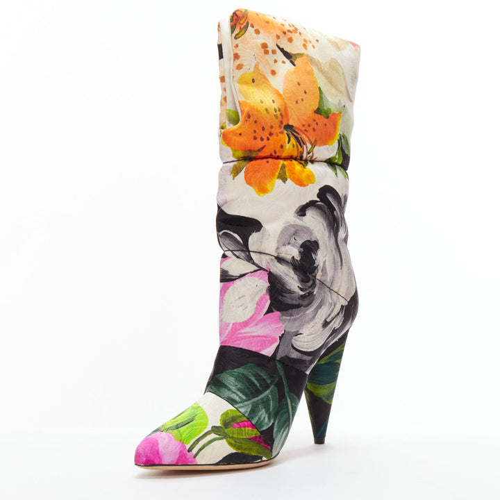 JIMMY CHOO Off-White Sara 100 floral brocade padded boots EU38.5