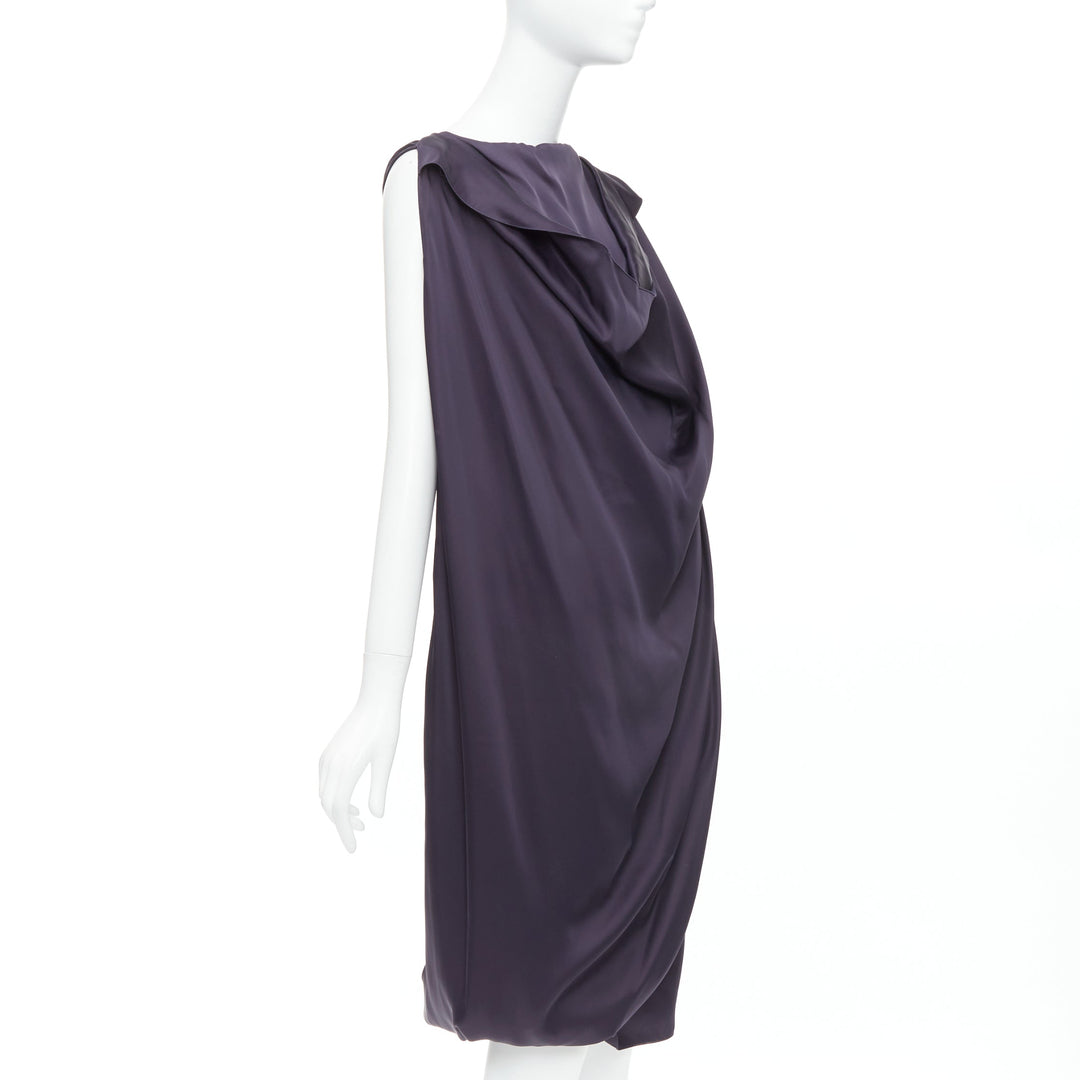 LANVIN Les 10 Ans navy acetate silk draped front zip back midi dress FR38 M