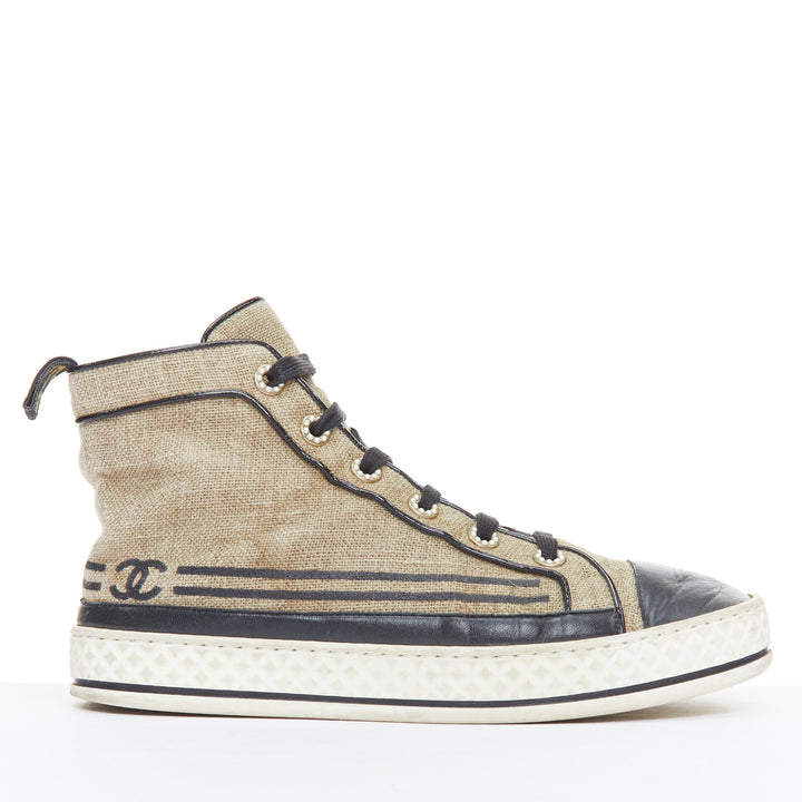 CHANEL beige canvas black CC logo pearl high top sneakers EU38