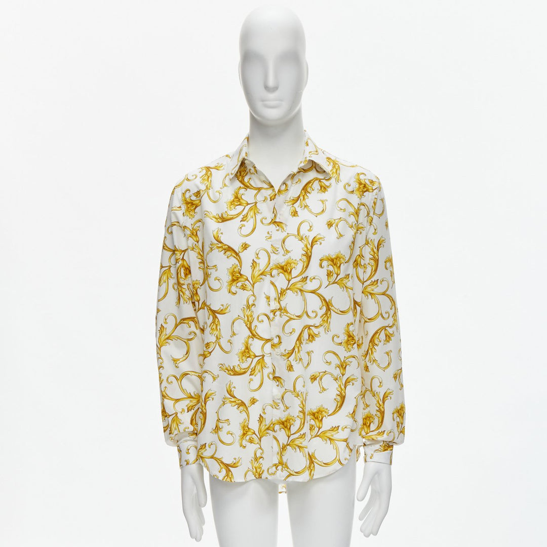 VERSACE Barocco Rococo white gold floral leaf print cotton shirt EU40 M