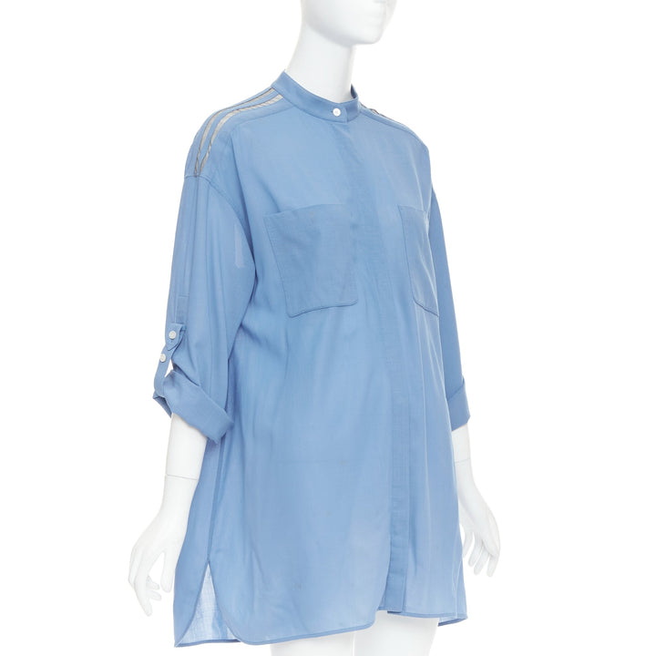 HERMES blue virgin wool band collar rolled tab sleeves tunic shirt dress FR36 S