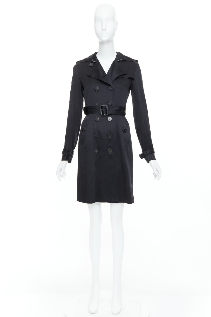 BURBERRY LONDON black 100% silk check lined belted trench coat