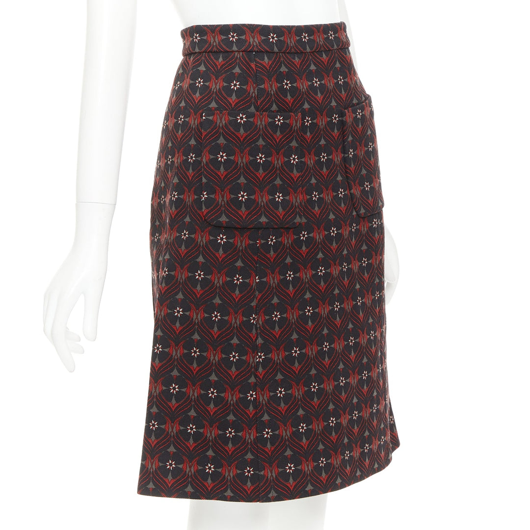 MIU MIU 2015 red khaki floral wool vintage print pocketed A-line skirt IT36 XXS